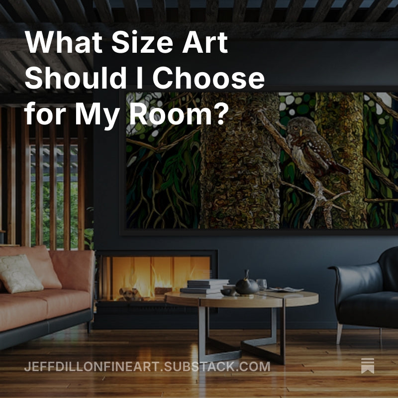 Blog cover image for Jeff Dillon’s art size guide, showing a large horizontal landscape painting in a modern living room and the title "What Size Art Should I Choose for My Room?"