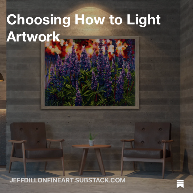 Jeff Dillon fine art painting illuminated with warm picture lighting in a home interior setting