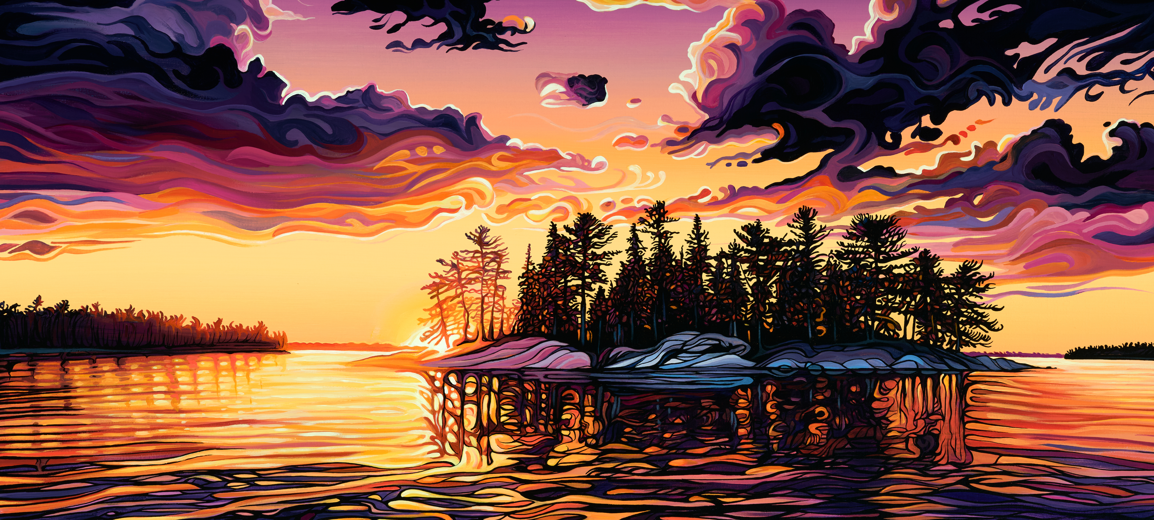 A vibrant, stylized painting of an island with trees at sunset, featuring dramatic, colorful clouds and reflections on calm water in shades of orange, purple, and yellow.