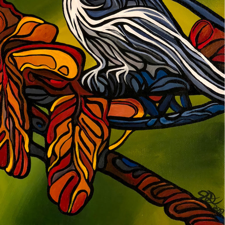 Colorful abstract artwork Jeff Dillon FIne Art depicting a stylized bird perched on branches, rendered with bold black outlines and layered shapes in red, orange, yellow, blue, white, and green.