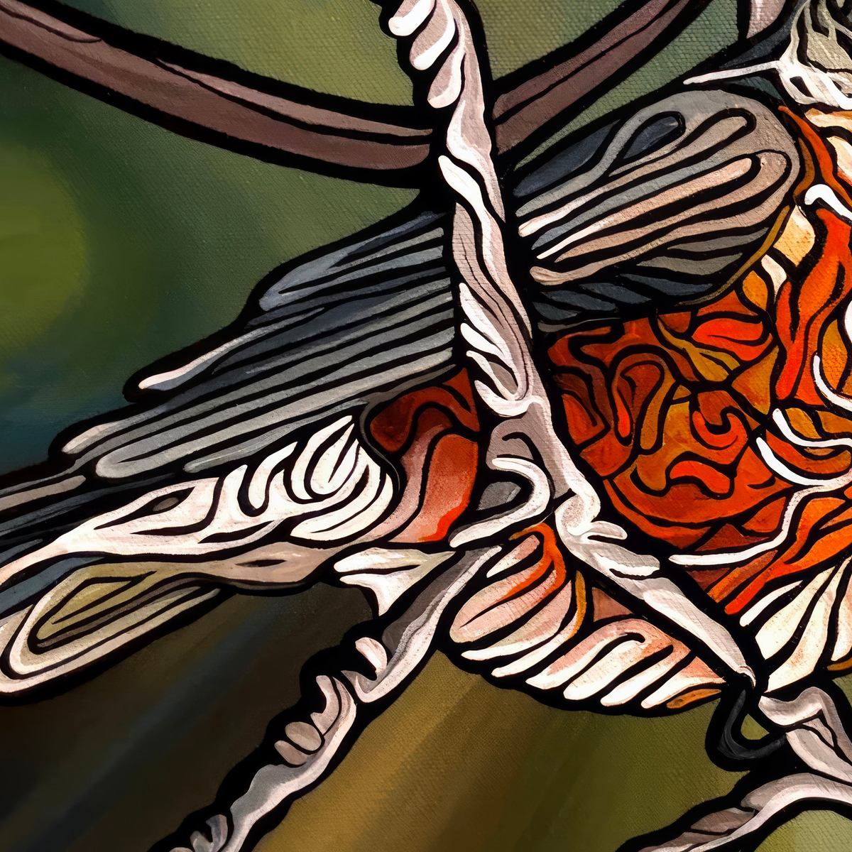 A close-up of a painting Jeff Dillon FIne Art depicting a bird in flight, featuring gray wings, a cream-colored body, and a vibrant orange and red patterned chest, set against a green and gold background.