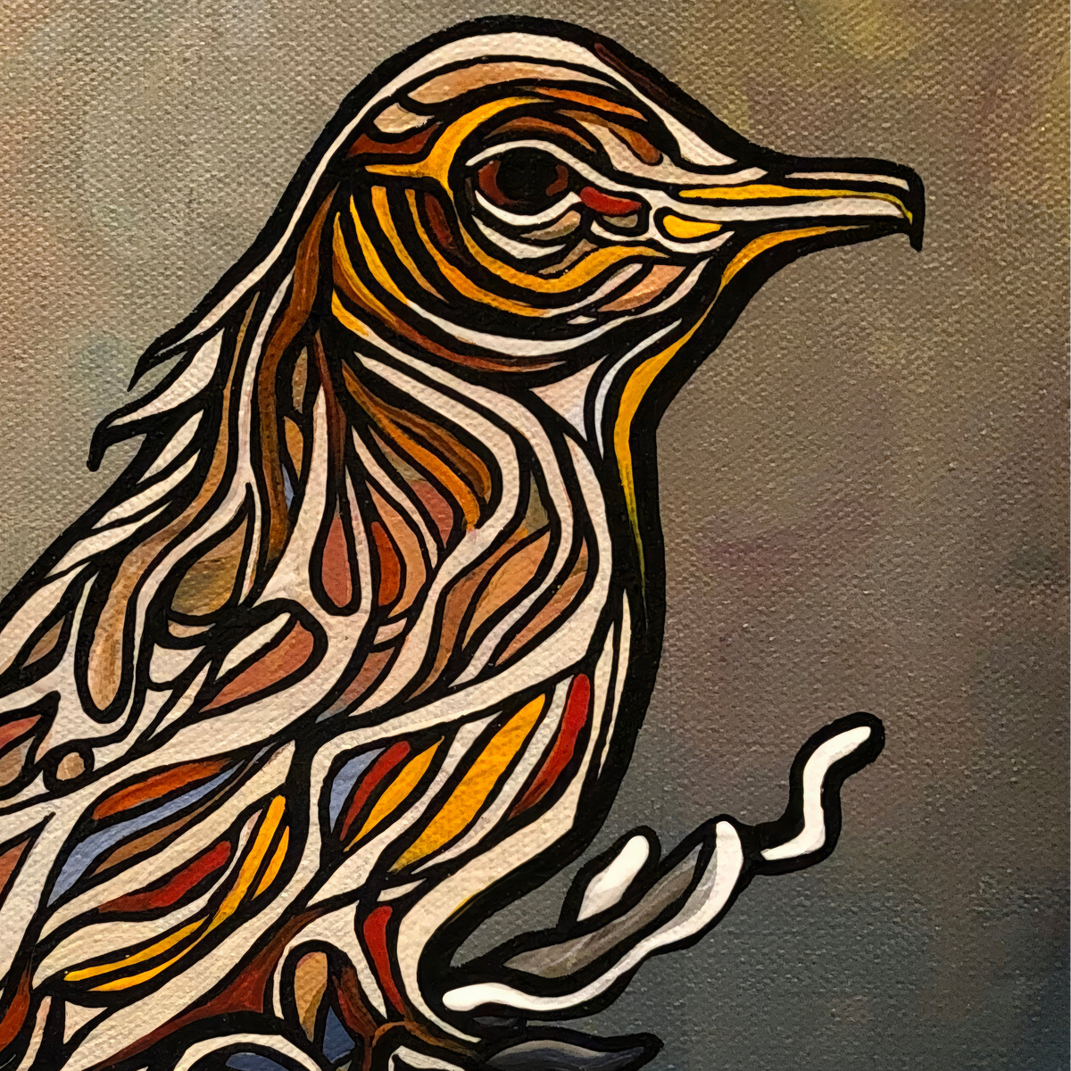 A stylized close-up artwork Jeff Dillon FIne Art of a bird in profile, rendered with layered abstract lines and shapes in cream, brown, orange, yellow, red, and blue against a textured gray-brown background.