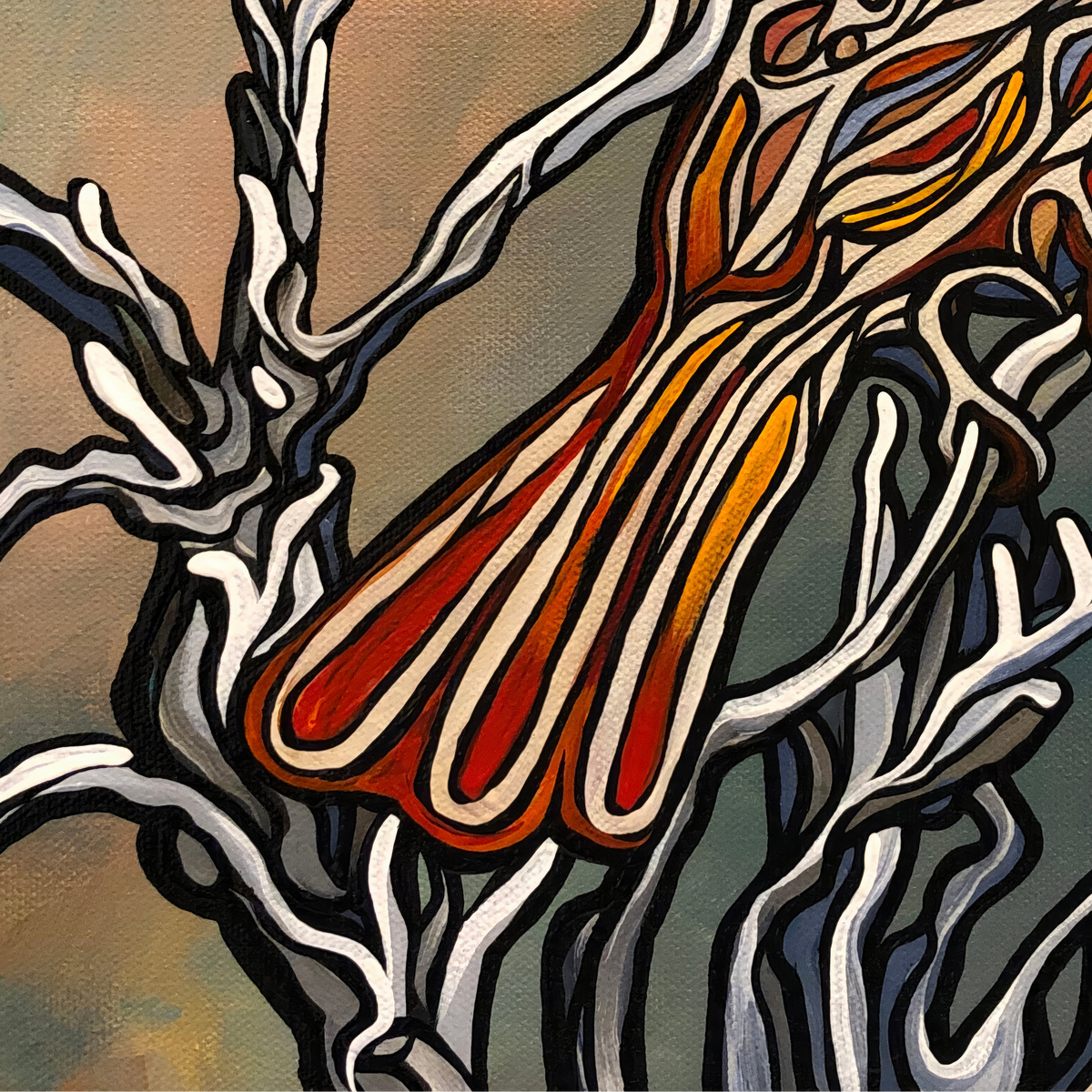 Abstract painting Jeff Dillon FIne Art of a stylized bird in red, orange, and yellow tones, surrounded by white and gray branch-like forms on a muted beige and gray background.