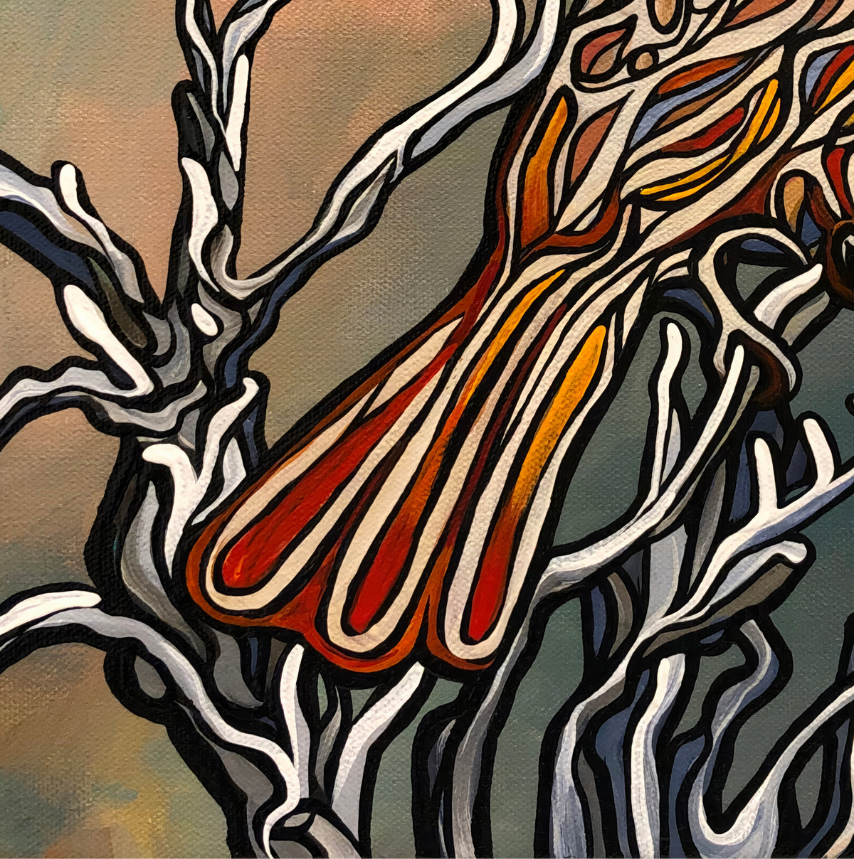 Abstract painting Jeff Dillon FIne Art of branching white and gray tree-like forms with a central red, orange, and yellow organic shape on a muted beige and gray background.