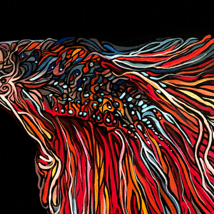 Vibrant abstract artwork Jeff Dillon FIne Art depicting a flowing, dynamic form filled with layered red, orange, yellow, blue, and white lines on a solid black background.