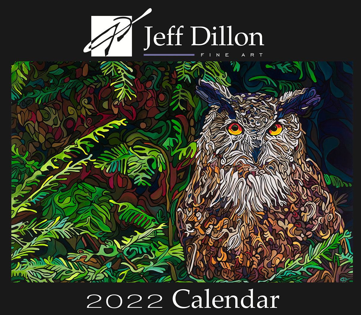 A colorful stylized owl surrounded by foliage painted by Jeff Dillon Fine Art.