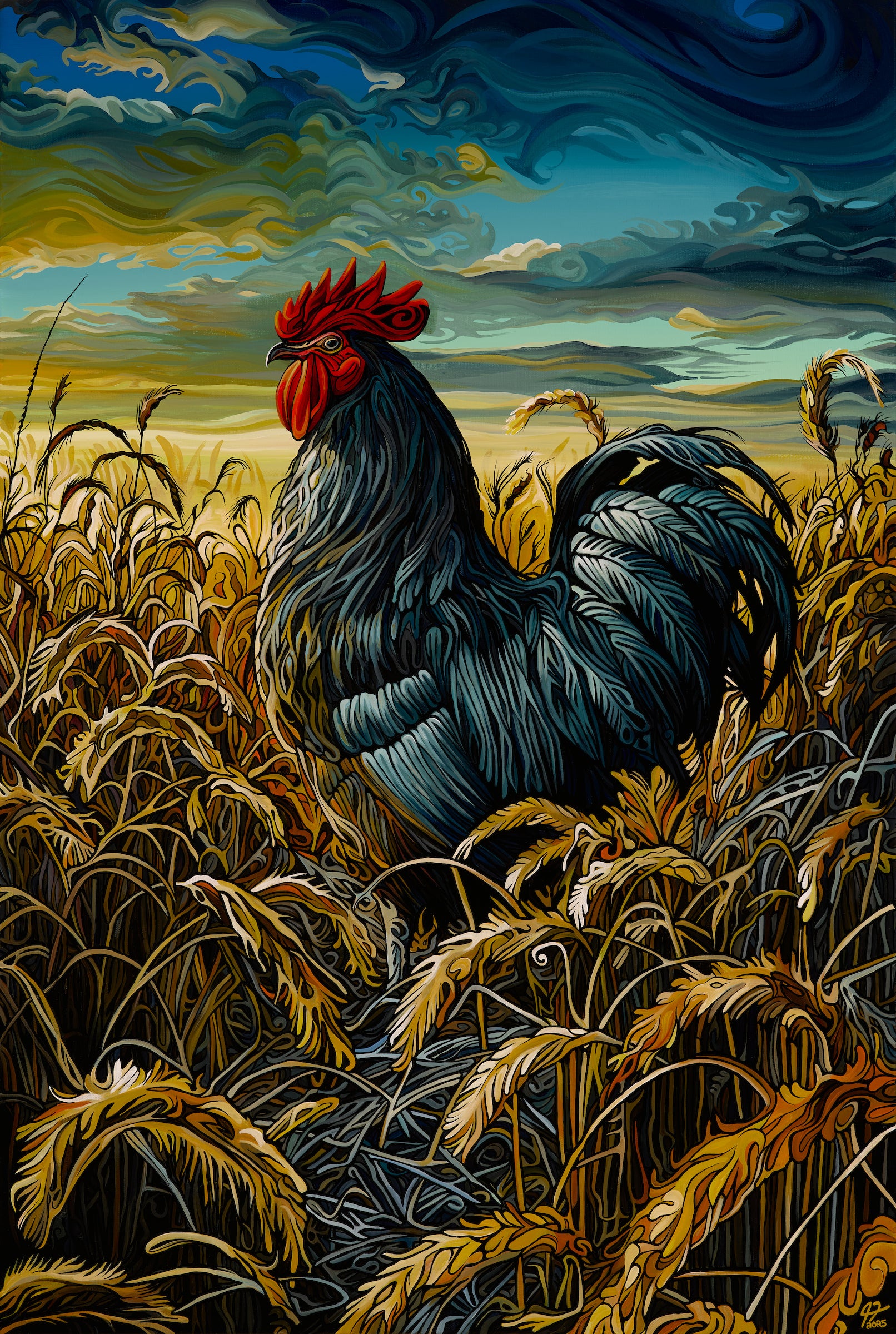 301 Where I Stand features a striking rooster with dark feathers in a golden wheat field at sunrise, beneath dramatic clouds and a vivid blue and yellow sky—an eye-catching painting ideal for farm-themed decor.