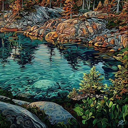 A stylized landscape painting of a rocky lakeside at sunset, with a leaning tree in the foreground, blue-green water, dark evergreen trees, and dramatic orange and gray clouds.