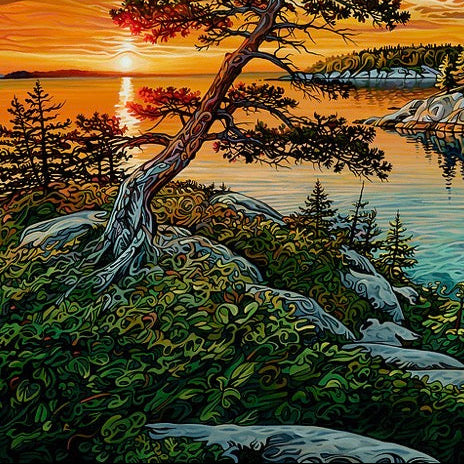 A stylized landscape painting of a rocky lakeside at sunset, with a leaning tree in the foreground, blue-green water, dark evergreen trees, and dramatic orange and gray clouds.