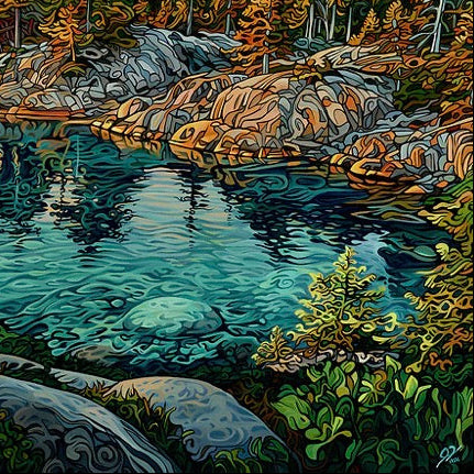 A stylized landscape painting of a rocky lakeside at sunset, with a leaning tree in the foreground, blue-green water, dark evergreen trees, and dramatic orange and gray clouds.