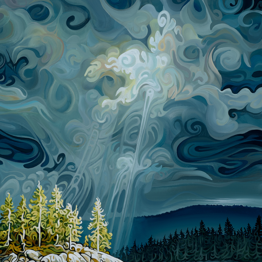 A stylized landscape artwork showing a rocky lake with a small island of evergreen trees under swirling dark blue and gray clouds, with no visible product framing or background surround.