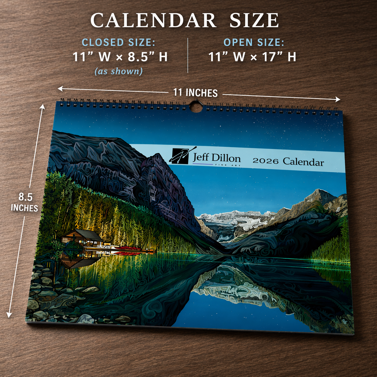 A calendar with a cover illustration of a lake and mountains.
