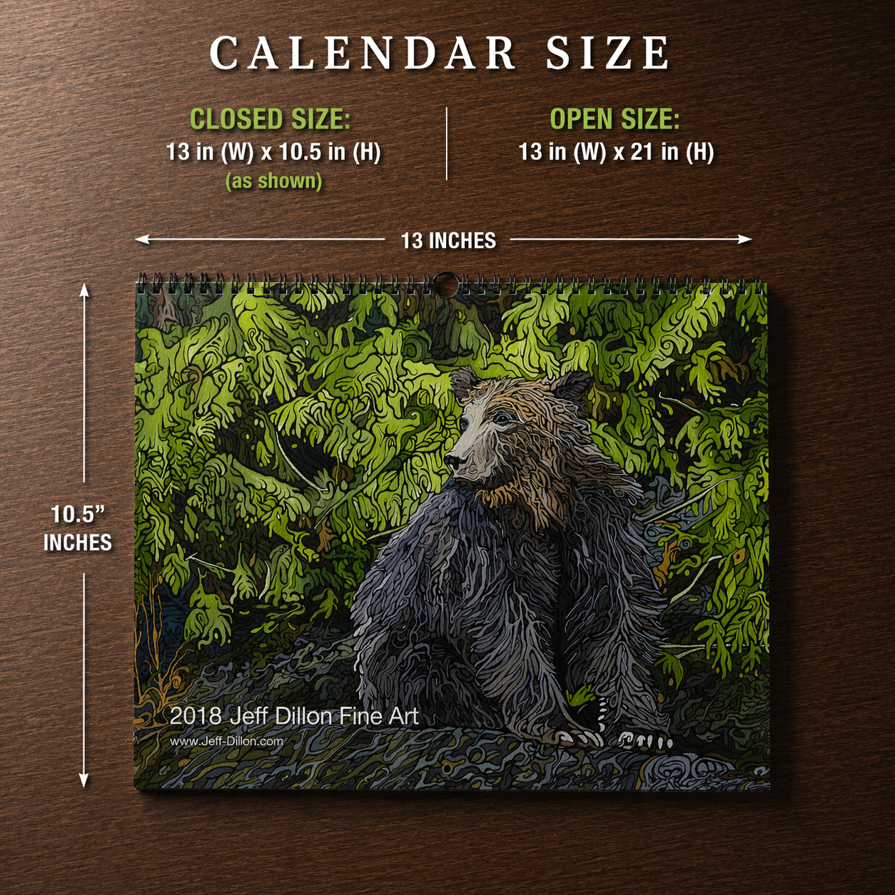 Illustrated bear surrounded by green foliage, artwork by Jeff Dillon Fine Art.