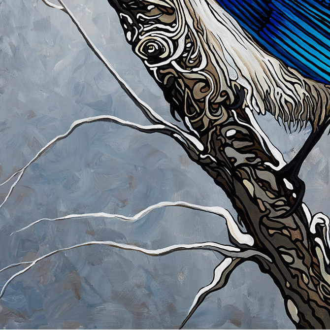 A stylized painting called The Little Prince features an intelligent Blue Jay perched on a snowy branch with a grayish-blue background.
