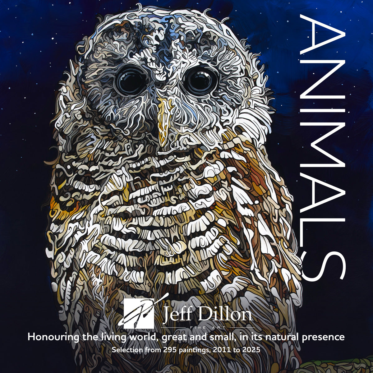 Jeff Dillons Animals Art Book showcases wildlife artwork and features an owl illustration on the cover.