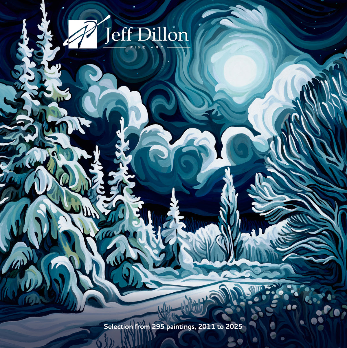 A book by Jeff Dillon features a winter night landscape painting on its cover.