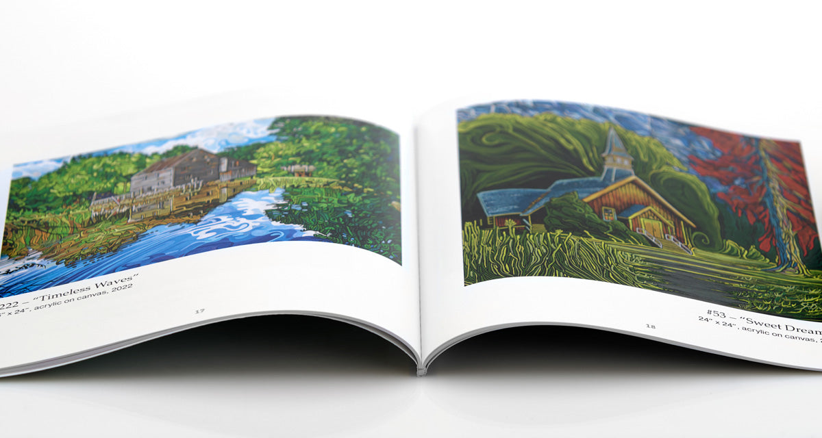 Architectural and landscape paintings by Jeff Dillon, featuring a green house perched on a rocky island.
