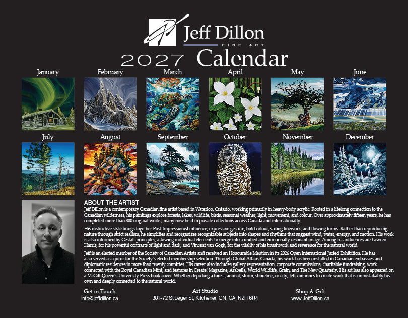 A 2027 Jeff Dillon Fine Art Calendar poster on a black background, showing a monthly grid of landscape and nature photographs with the artist's name, logo, and biographical text.