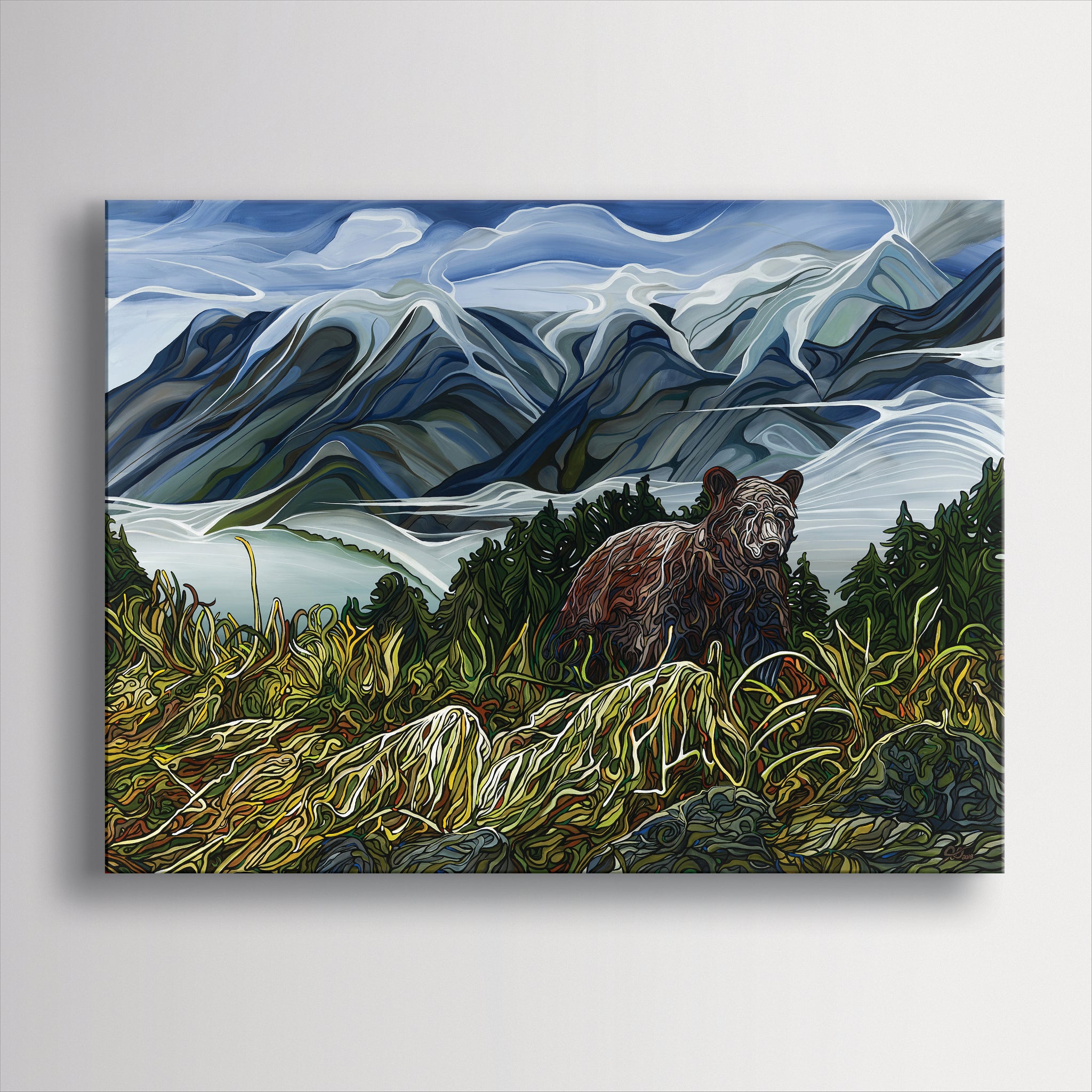A stylized painting of a grizzly bear in a grassy field with distant mountains and clouds in the background.