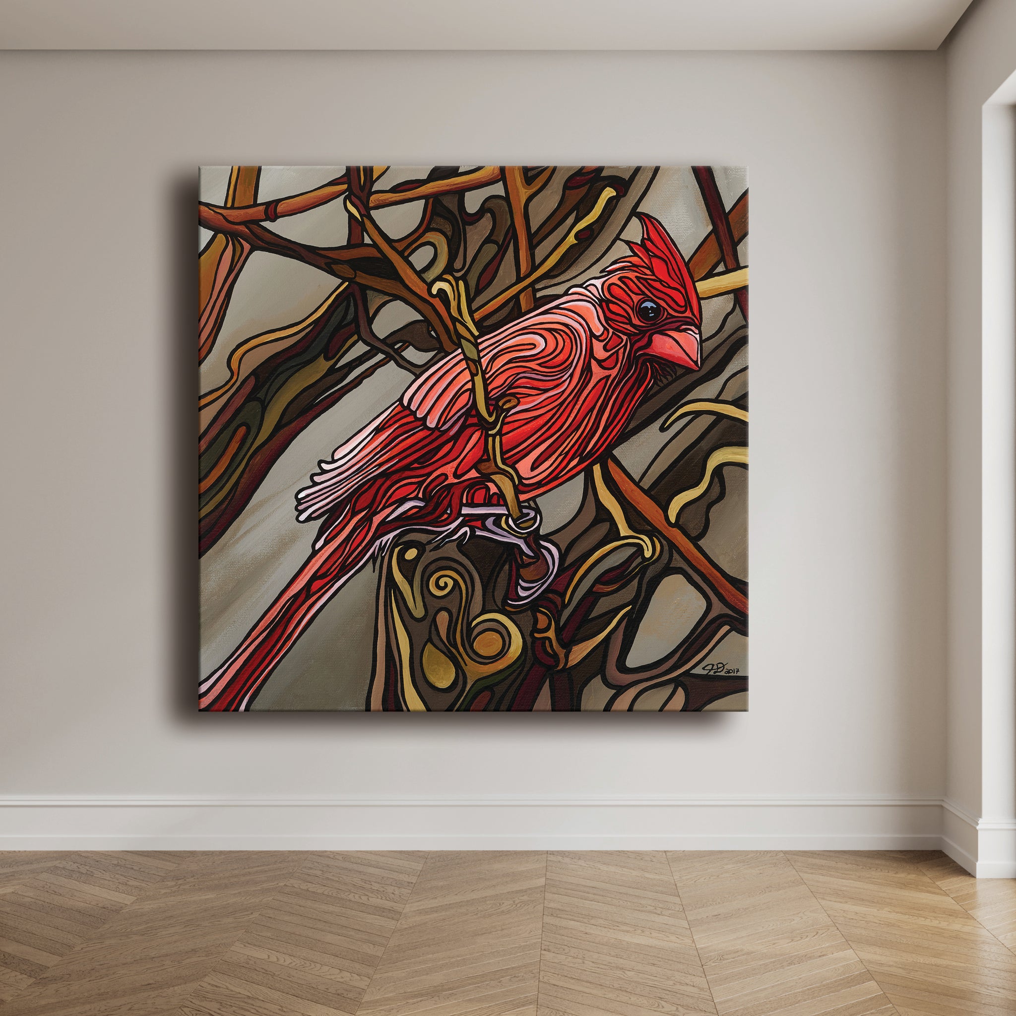 Stylized painting of a cardinal with abstract brown branches and earthy, flowing lines in an artistic composition.