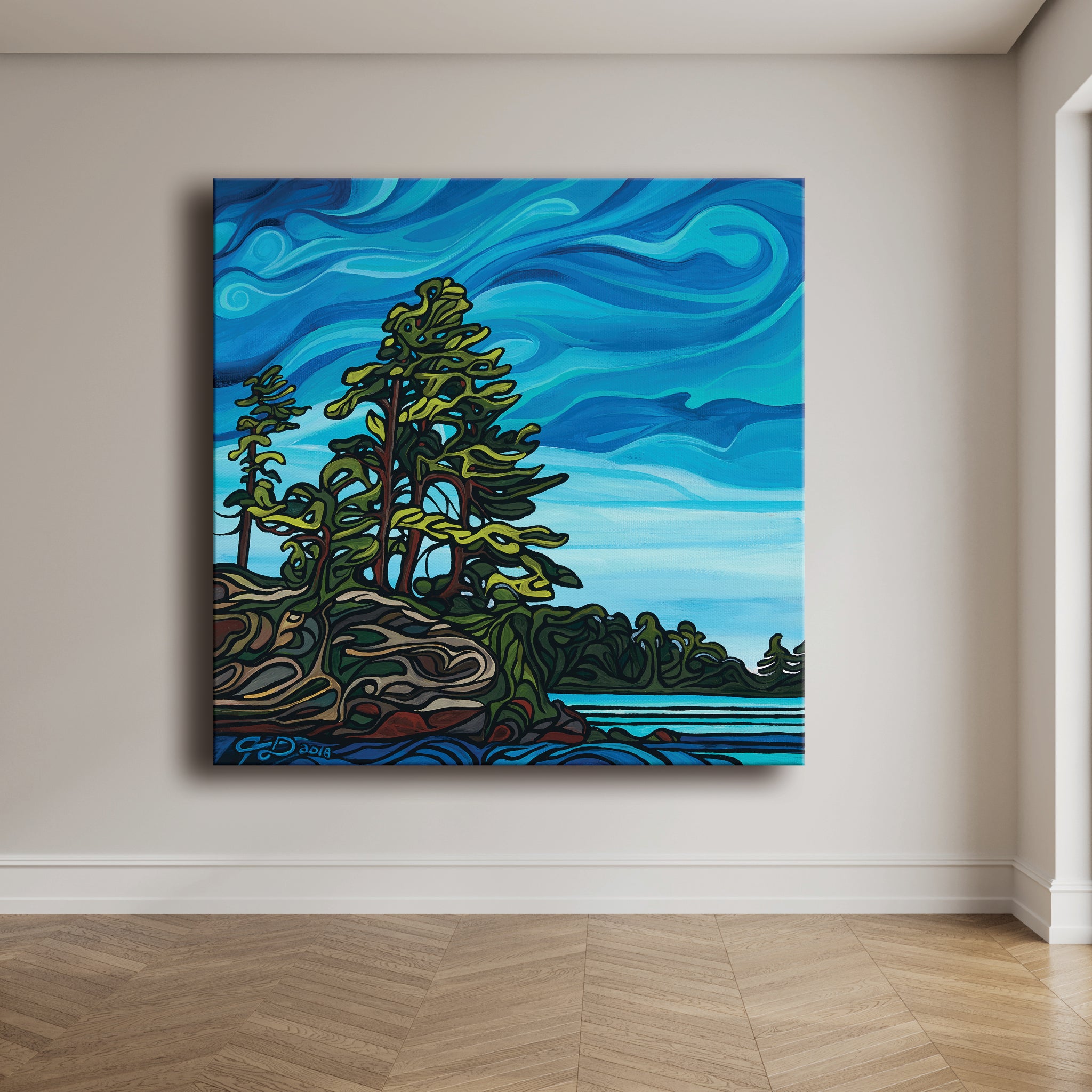 A stylized painting of windswept pines on a rocky shore under a swirling blue sky beside the water.