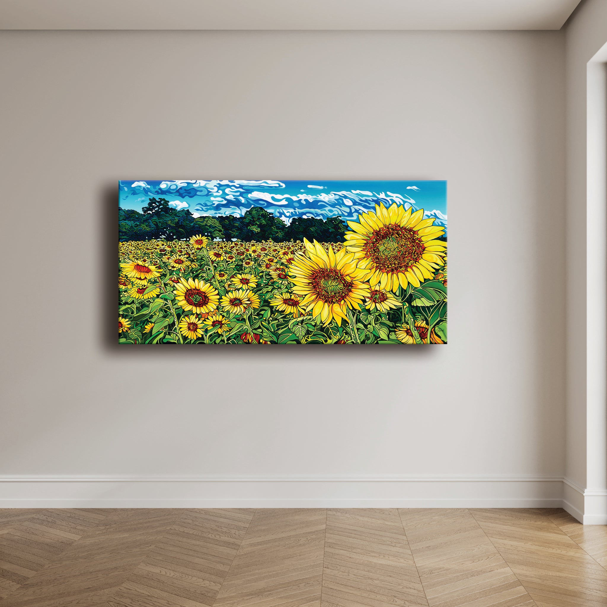 A vibrant painting of a sunflower field beneath blue skies.