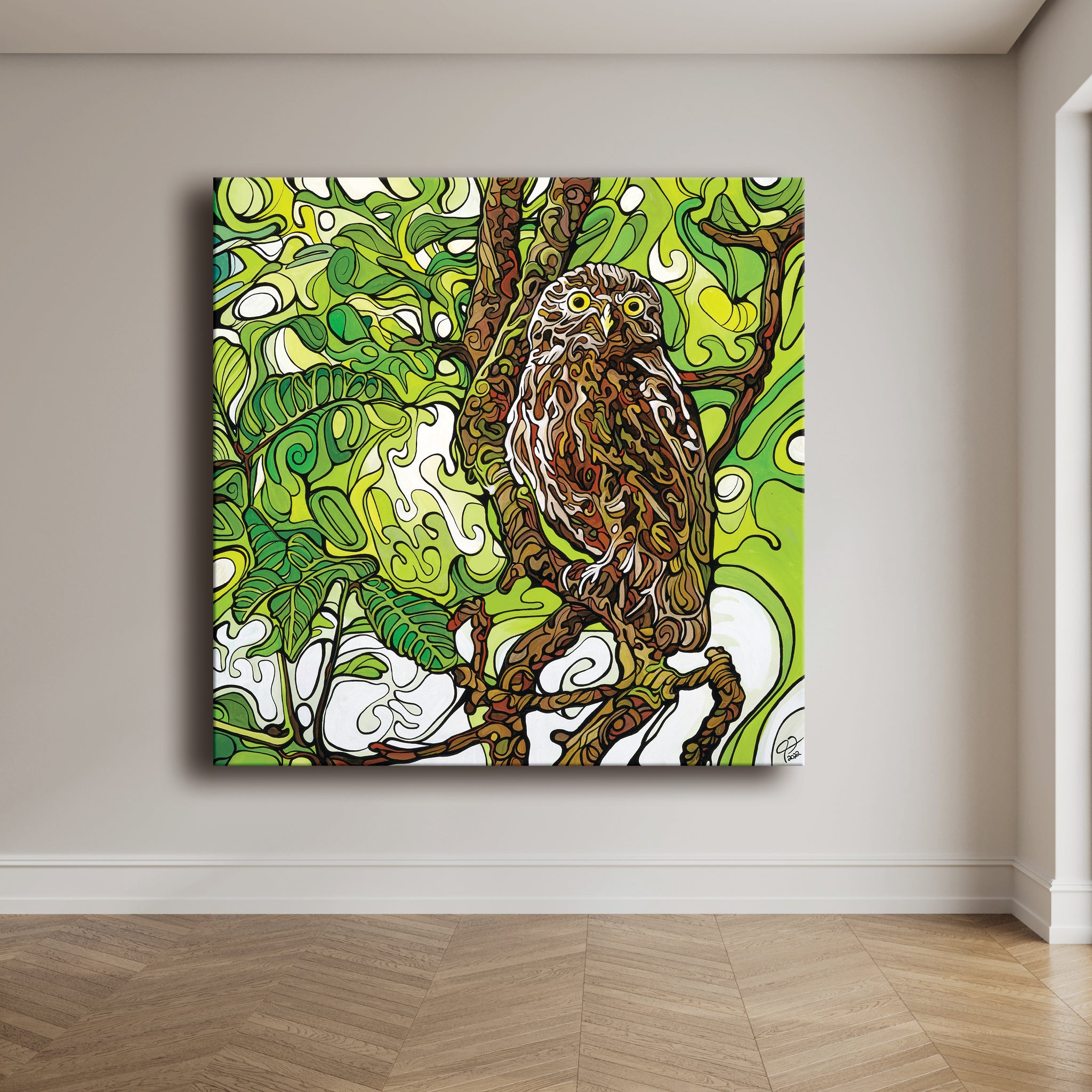 Abstract owl with yellow eyes perched on a branch, surrounded by swirling green leaves in calming hues.