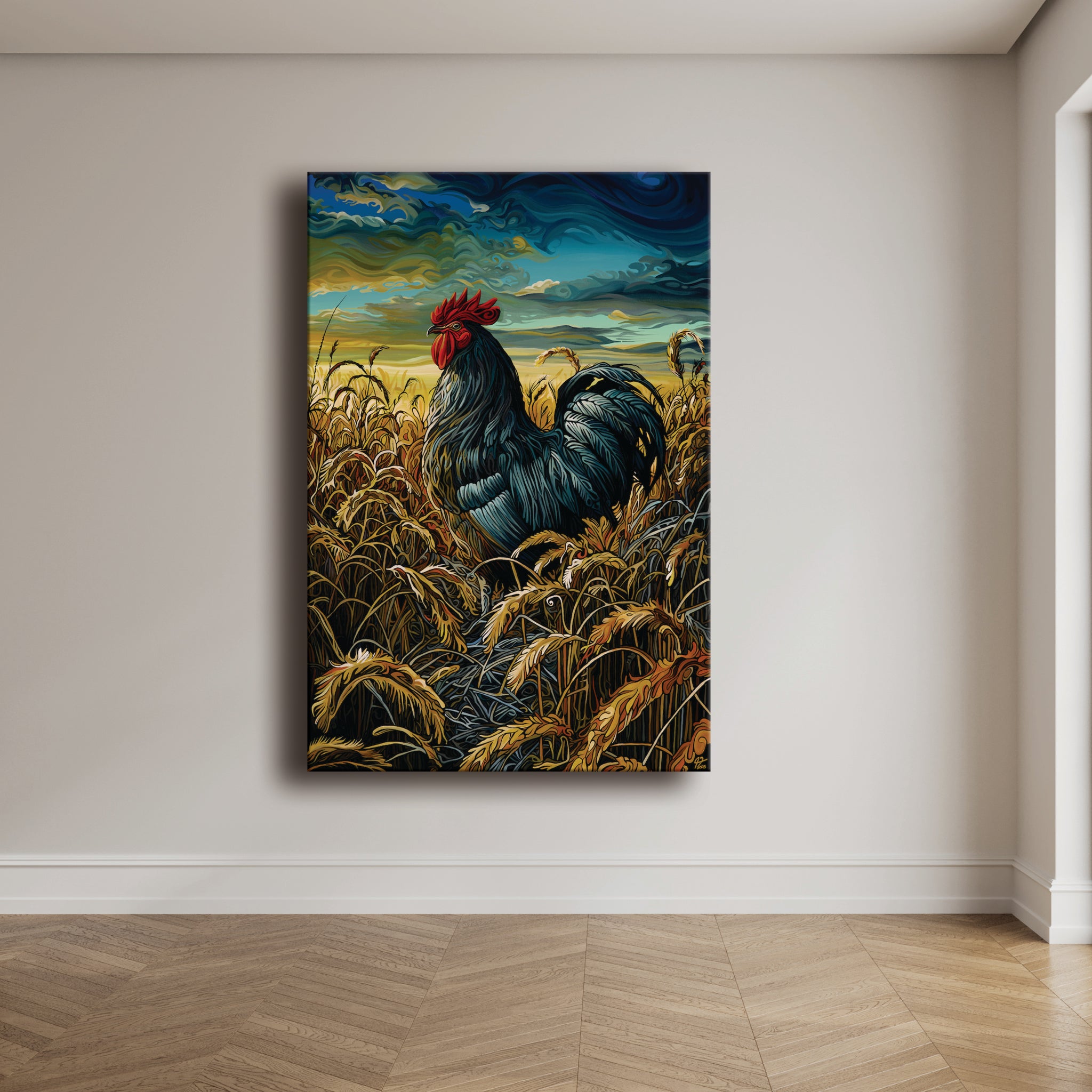 The Where I Stand rooster painting showcases farmhouse charm with its depiction of a proud rooster and golden wheat fields.