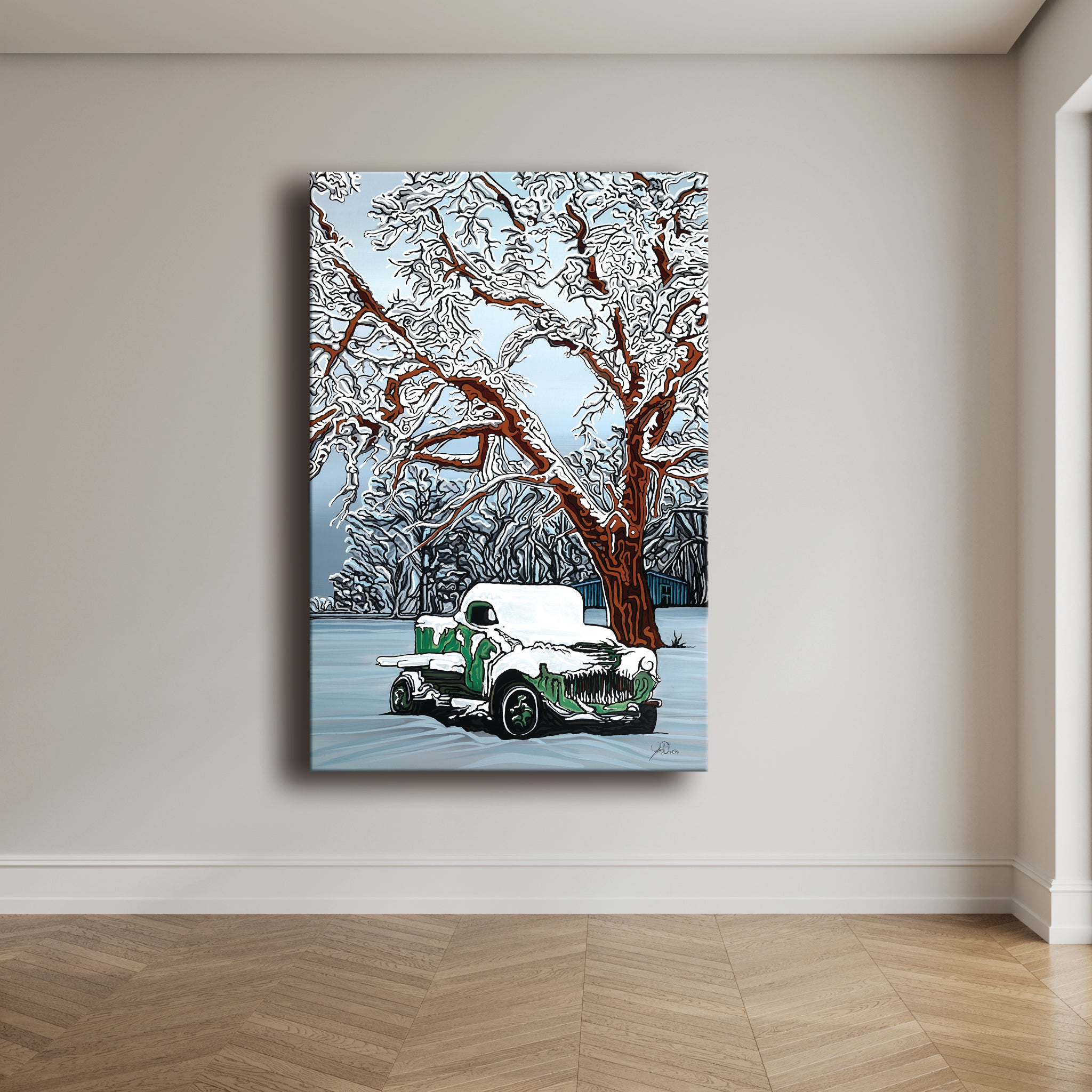 Painting of a vintage green truck named Maxwells Millions parked beneath a snow-covered tree in a winter landscape.