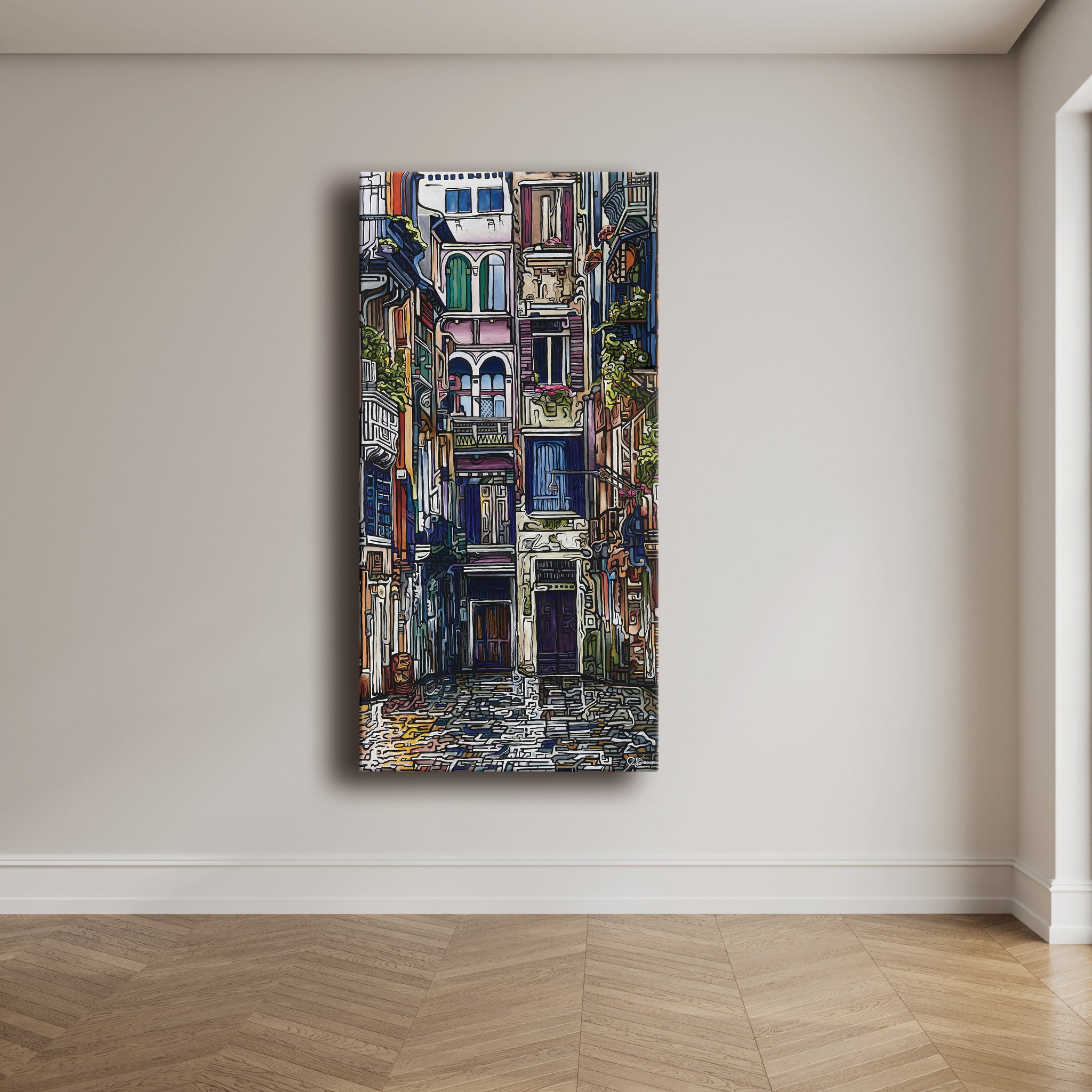 A colorful painting depicting a charming, narrow European street in an urban landscape on a white background.