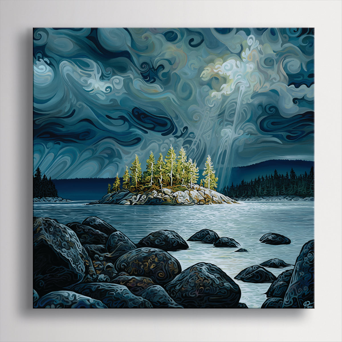A square canvas painting by Jeff Dillon depicting a dramatic, swirling blue and grey storm sky over a calm lake with a small pine-covered island, dark rocks in the foreground, and distant forested hills.