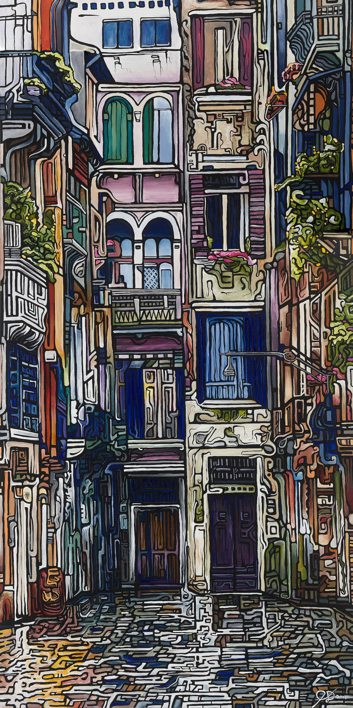 A colorful painting depicting a charming, narrow European street in an urban landscape on a white background.
