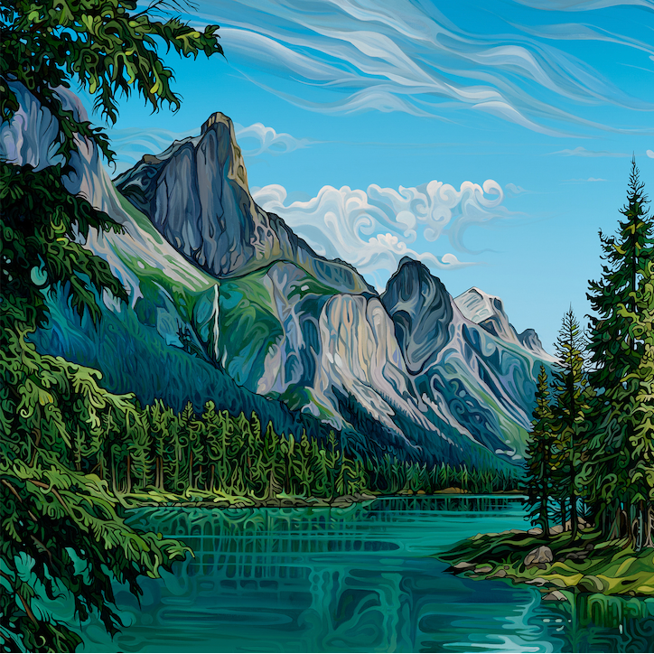 Scenic landscape with a lake, trees, and mountains