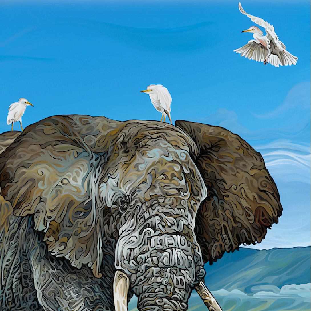 A wildlife painting titled Ngorongoro: Where Giants Walk depicts an elephant on a grassy path with birds riding its back.