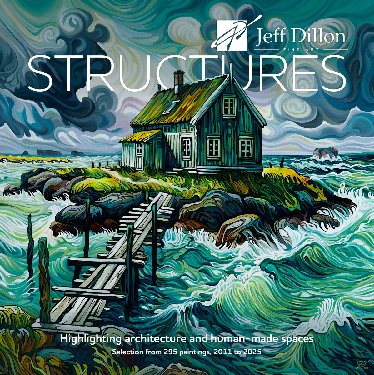 Architectural and landscape paintings by Jeff Dillon, featuring a green house perched on a rocky island.