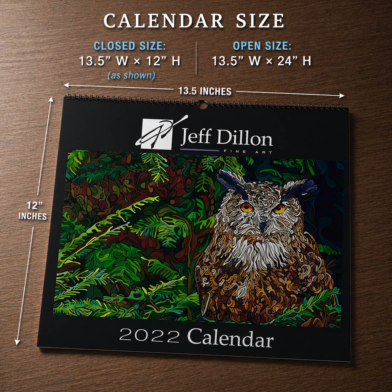 A colorful stylized owl surrounded by foliage painted by Jeff Dillon Fine Art.