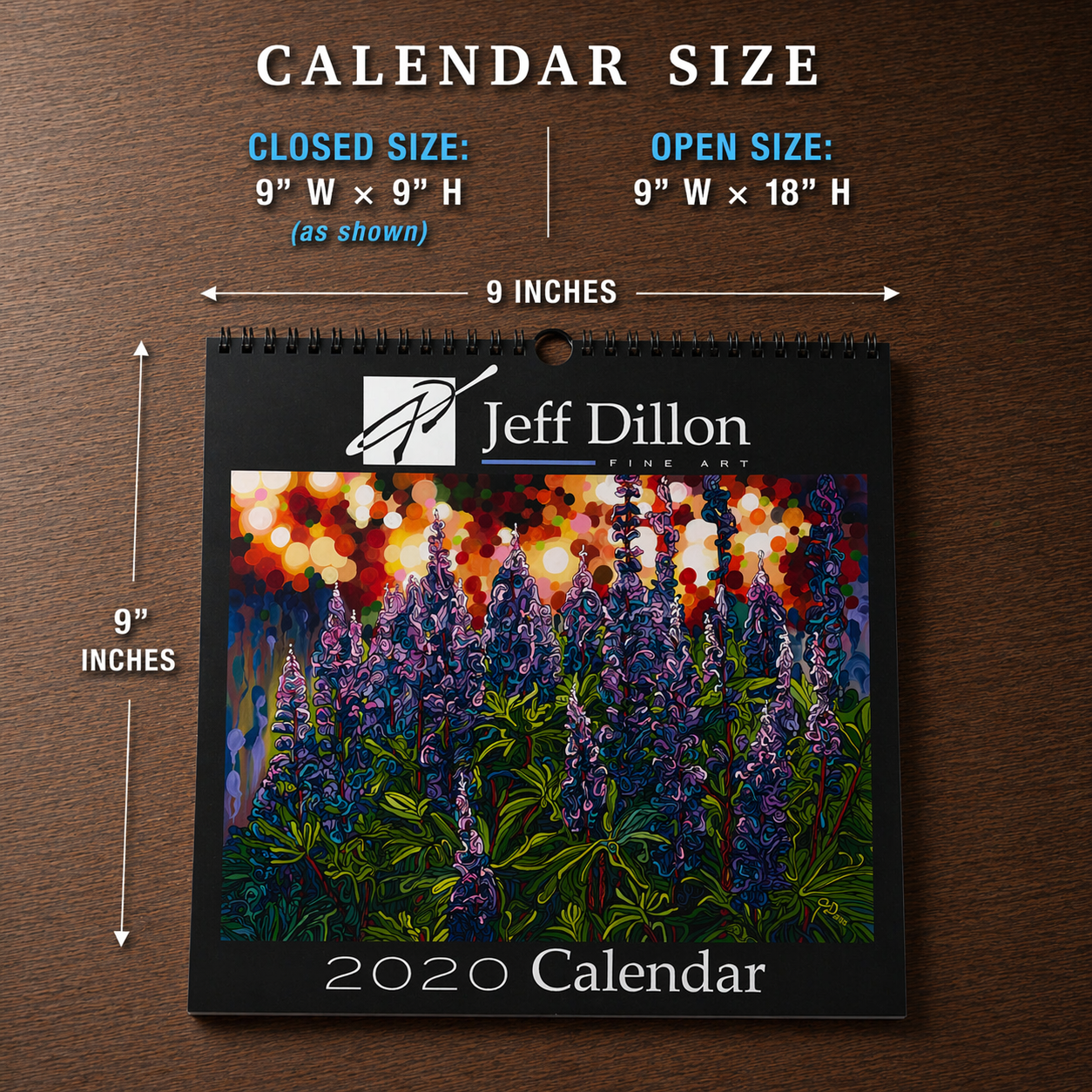 Calendar featuring purple flower paintings and colorful lights, labeled Jeff Dillon Fine Art.
