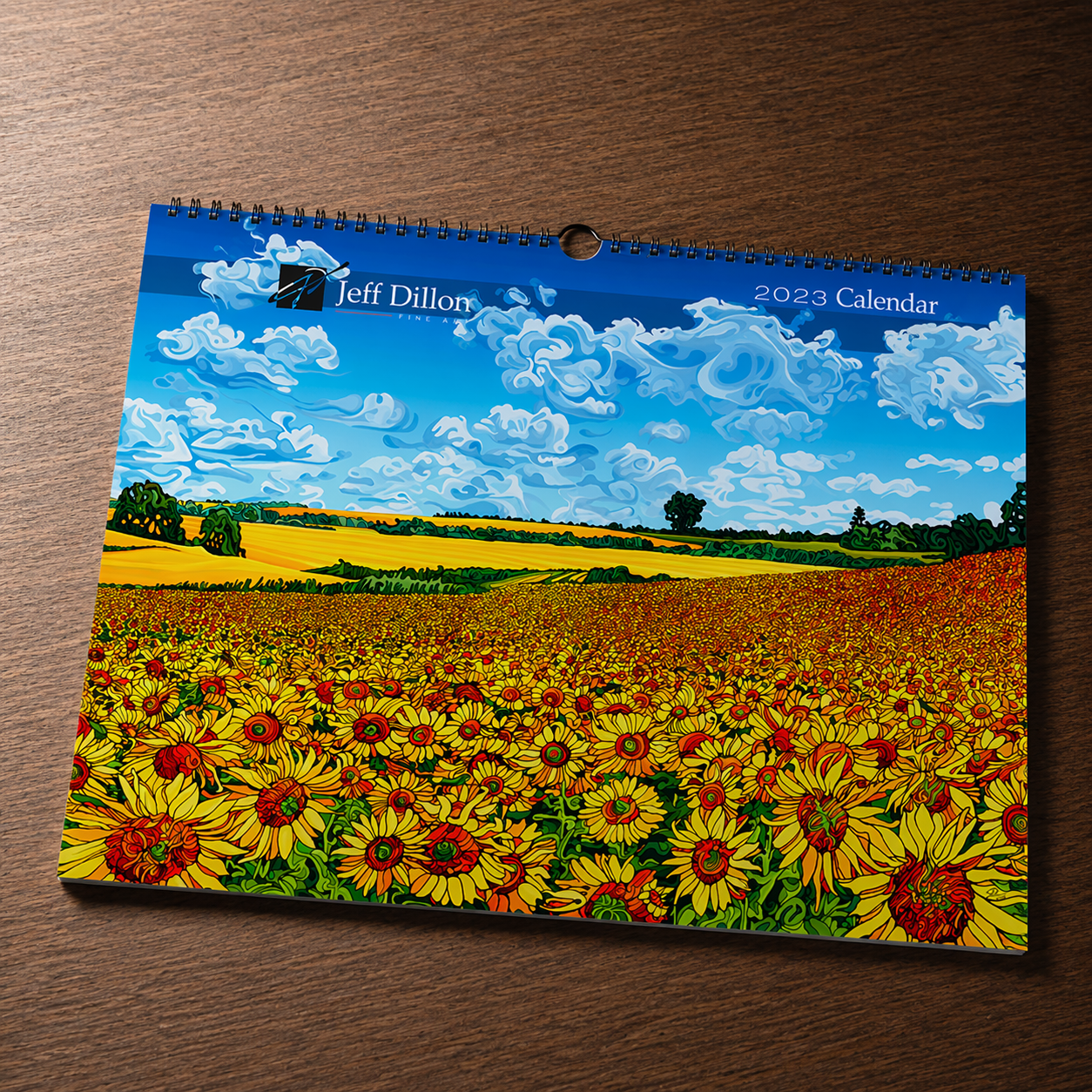 A vibrant sunflower field painting with the Jeff Dillon Fine Art logo.