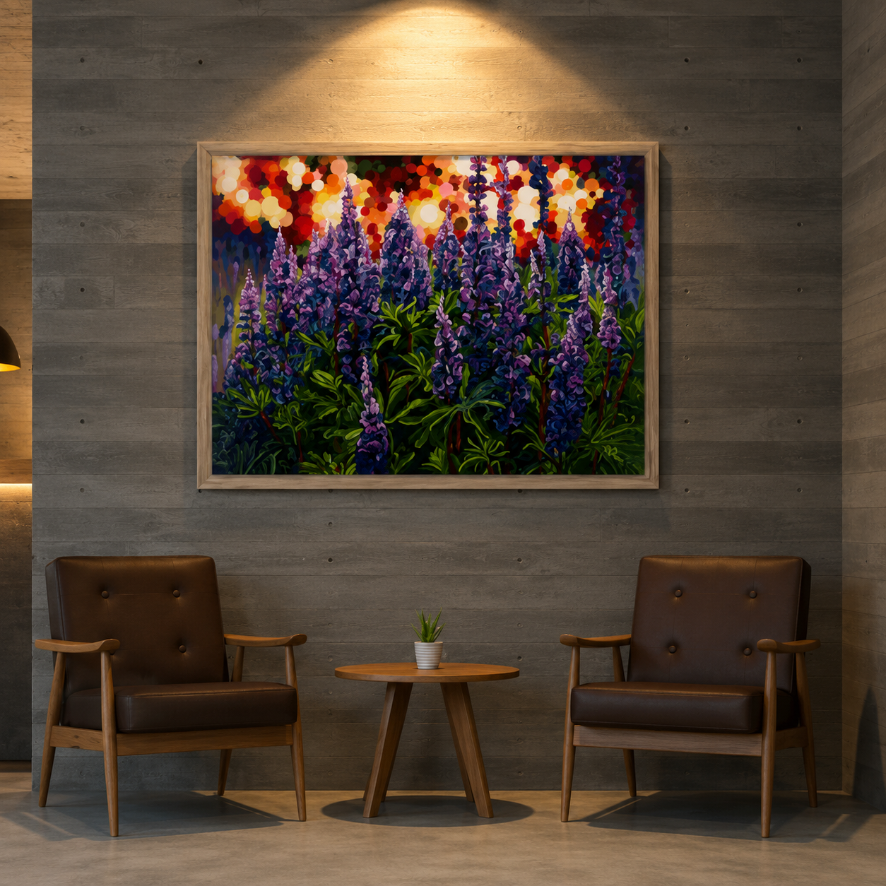 Jeff Dillon fine art painting illuminated with warm picture lighting in a home interior setting