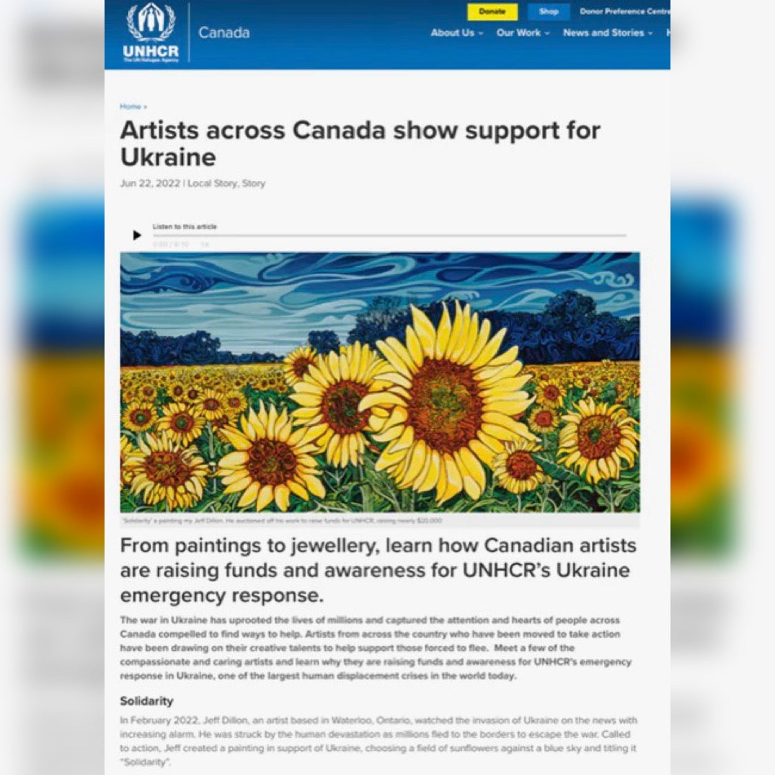 Jeff Dillon's painting Solidarity auctioned to raise $20,000 for UNHCR Ukraine emergency relief in 2022