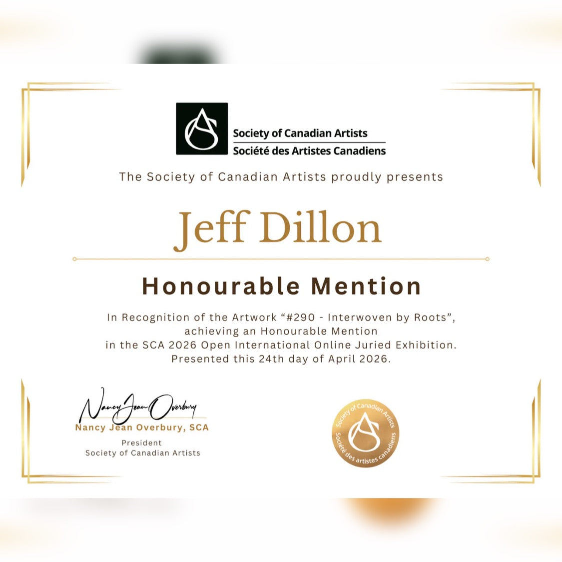 Honourable Mention - Society of Canadian Artists International Exhibition (2026)