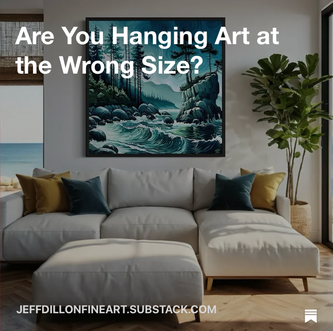 Large Jeff Dillon fine art print hung above a sofa demonstrating correct art sizing and proportion