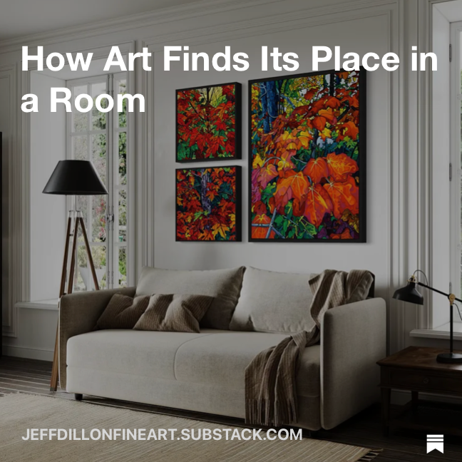 Jeff Dillon fine art painting placed as a focal point in a living room showing scale and placement