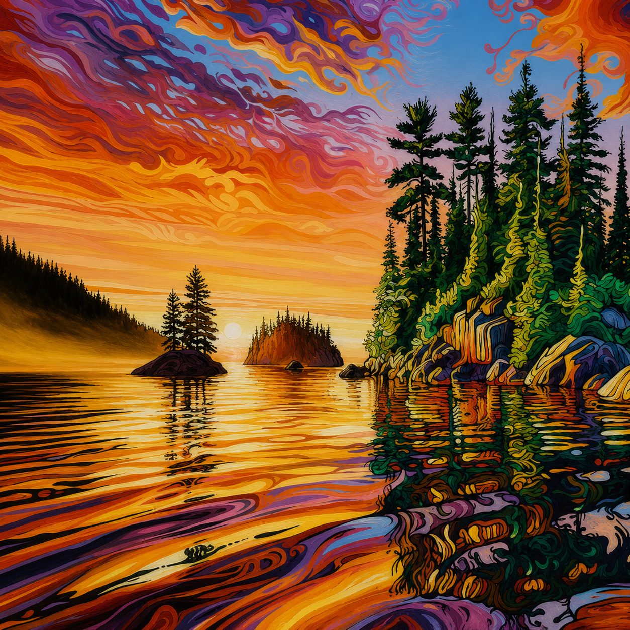 Jeff Dillon painting with rich blues and greens evoking calm and emotional response in a home setting