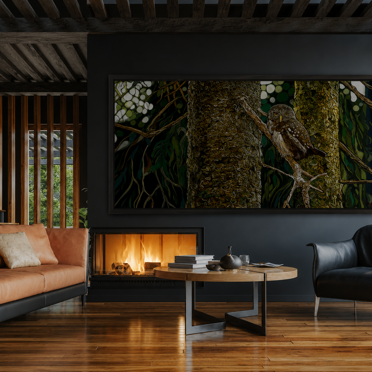 Large Jeff Dillon landscape painting scaled to a modern living room wall