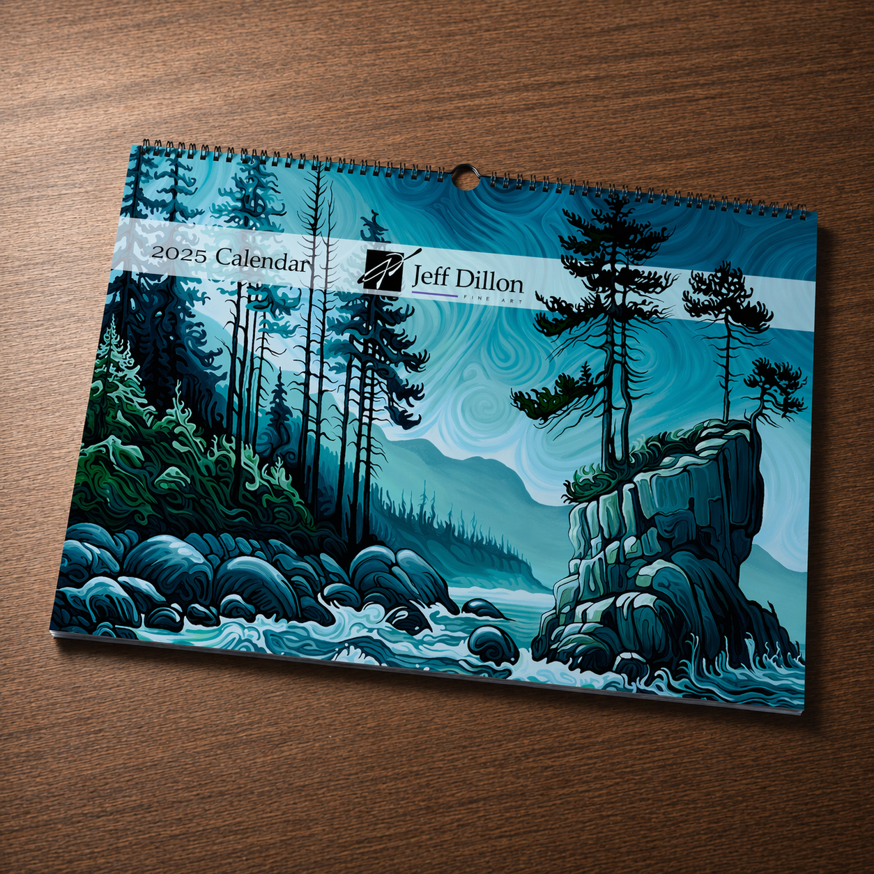 Jeff Dillon Fine Art paintings depicting rocky coasts, trees, and waves on wood.