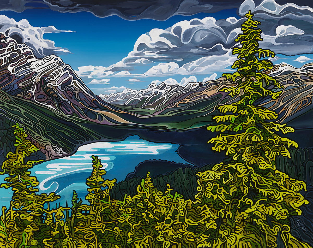 Limited edition fine art print "The Path" by Jeff Dillon depicting Alberta’s Peyto Lake with trees and snowy mountains under a cloudy sky.