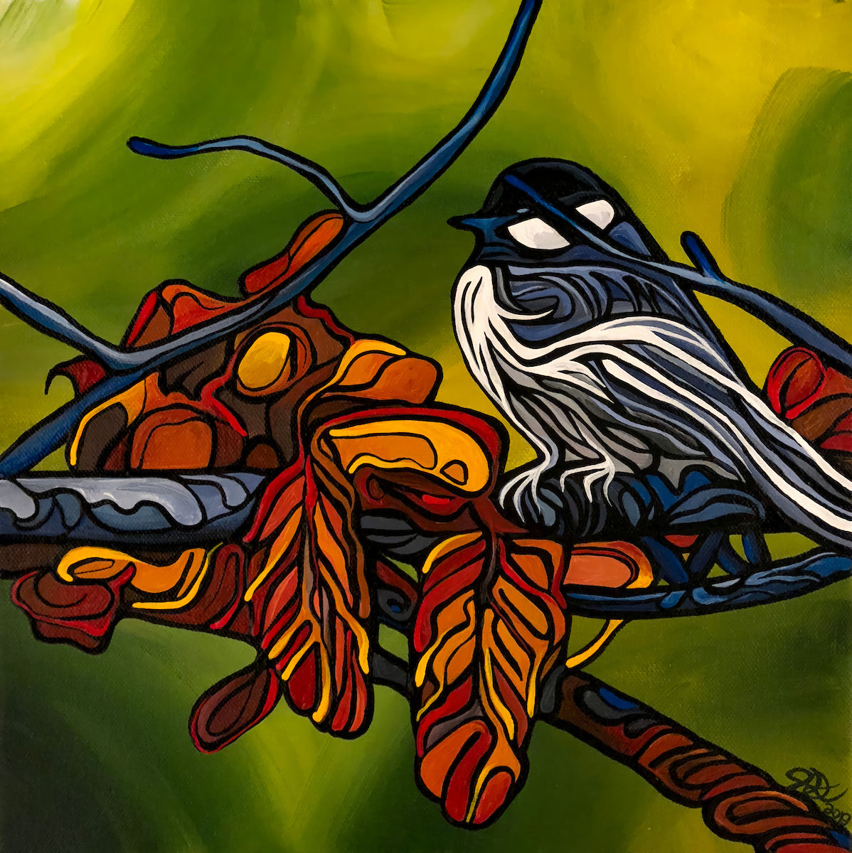 A stylized bird Painting by Jeff Dillon on a branch with autumn leaves, rendered in bold black, white, blue, orange, red, and yellow tones against a green-yellow background.