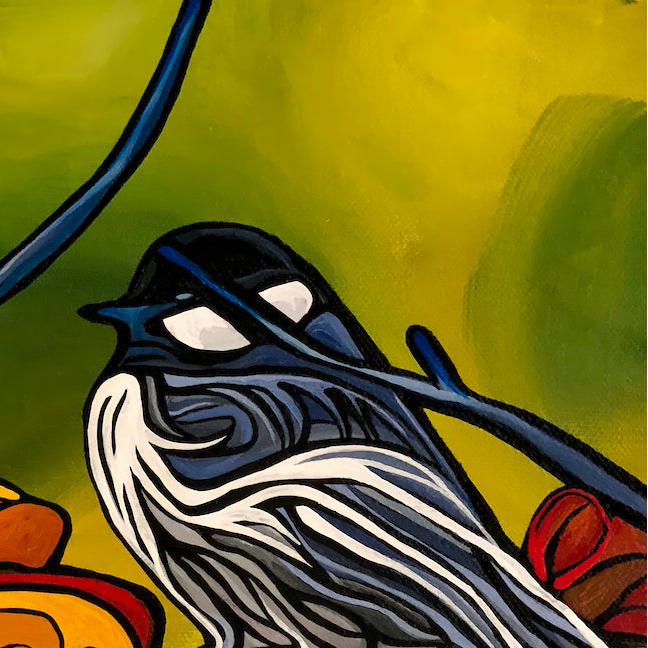 A close-up of a stylized bird painting Jeff Dillon FIne Art with dark blue, white, and gray plumage, set against a yellow-green background with abstract brushstrokes.