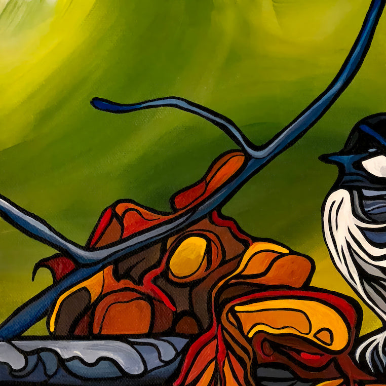 A close-up of a colorful painted scene Jeff Dillon FIne Art showing autumn leaves in orange, yellow, and red on a branch, with a blue branch crossing the frame and part of a bird visible on the right against a bright yellow-green background.